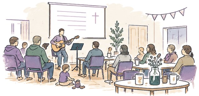 Drawing of Junction in the village hall: someone leading songs on guitar, people round tables with coffee, and a child playing on the floor