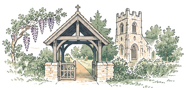 Drawing of St Peter's lychgate, with wisteria, and the church tower behind