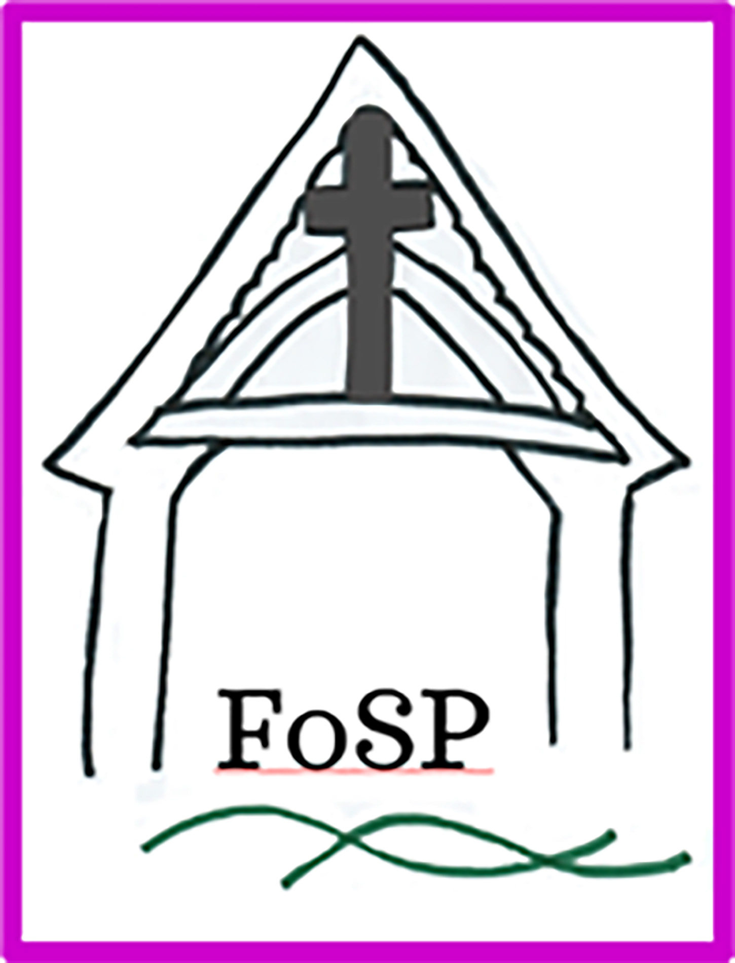 The Friends of St Peter's logo: a line drawing of the lychgate with a cross, above the letters FoSP