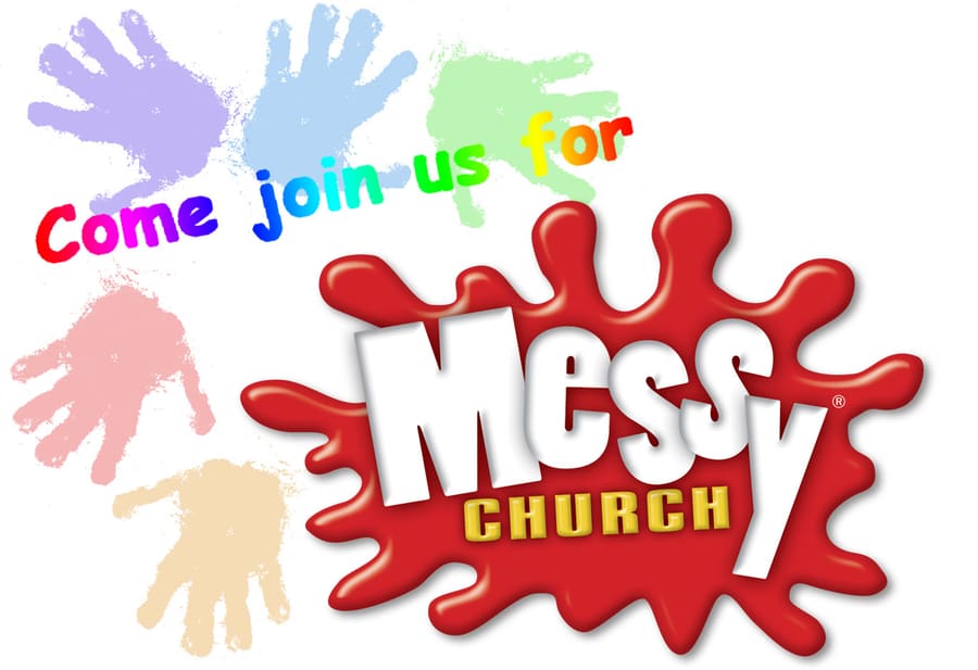 Come join us for Messy Church, with colourful painted handprints around the Messy Church logo
